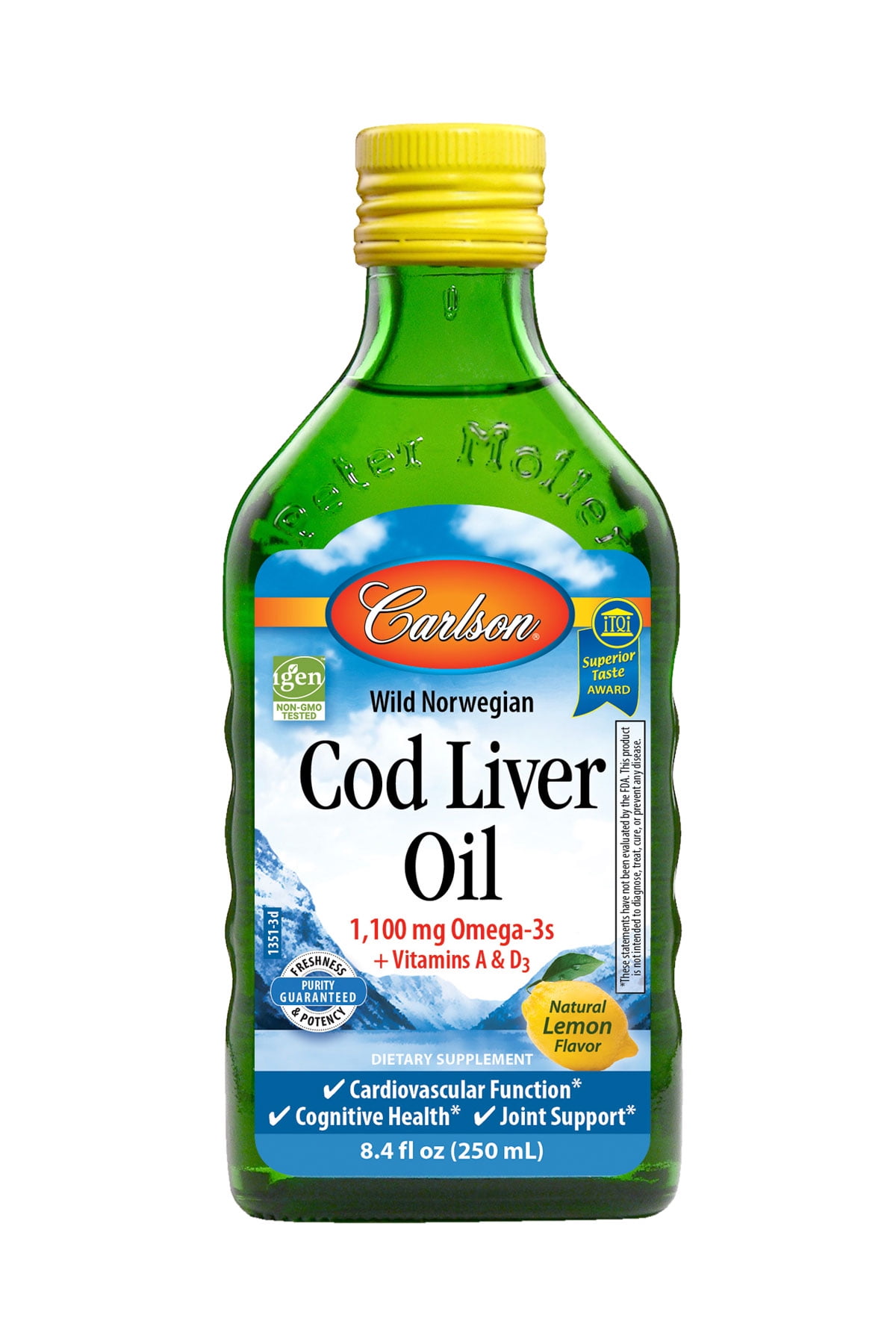 Carlson Wild Norwegian Cod Liver Oil + Vitamin A & D3 Liquid, 1100 mg Omega-3, Lemon, 8.4 Fl Oz.
