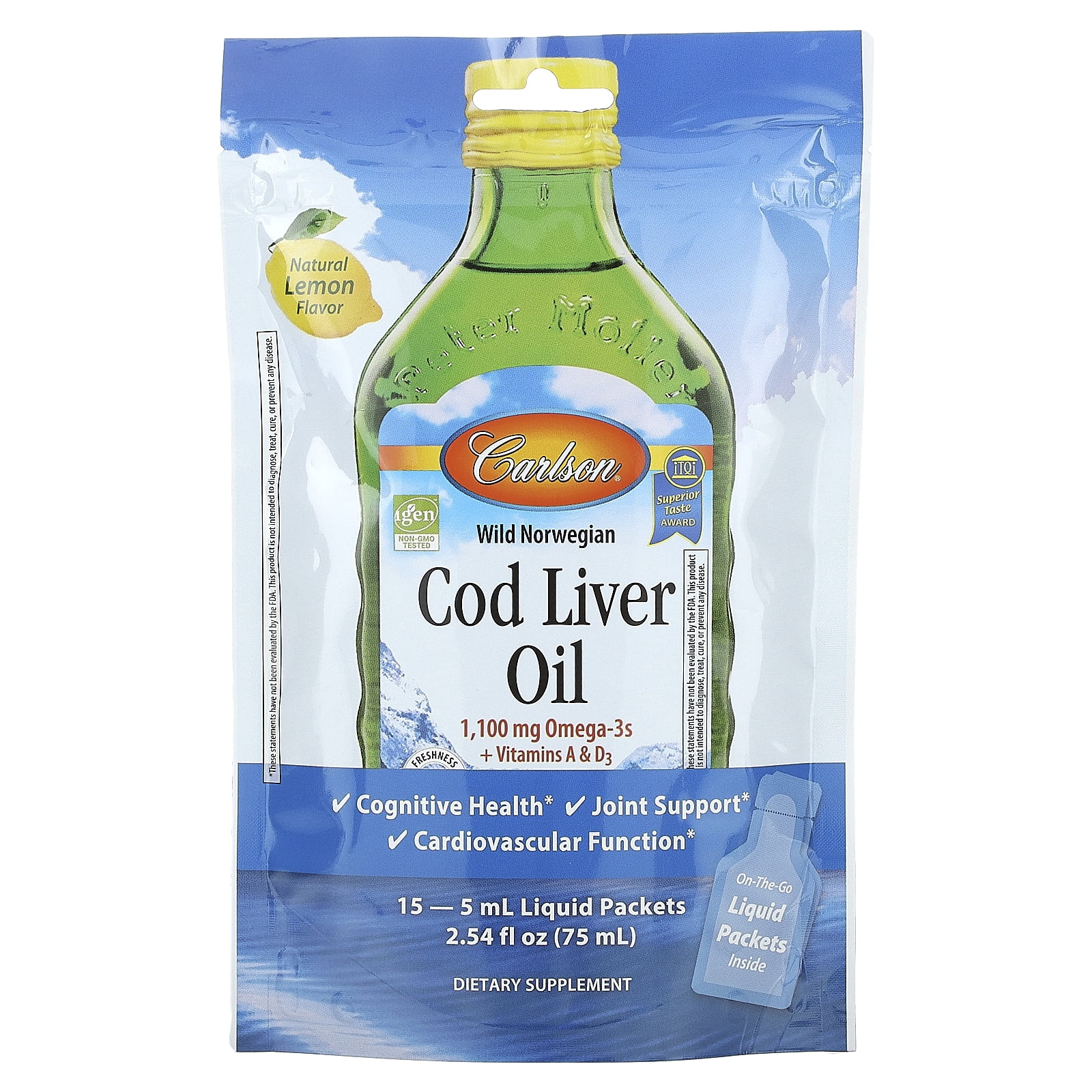 Carlson Wild Norwegian Cod Liver Oil, Natural Lemon, 15 Liquid Packets