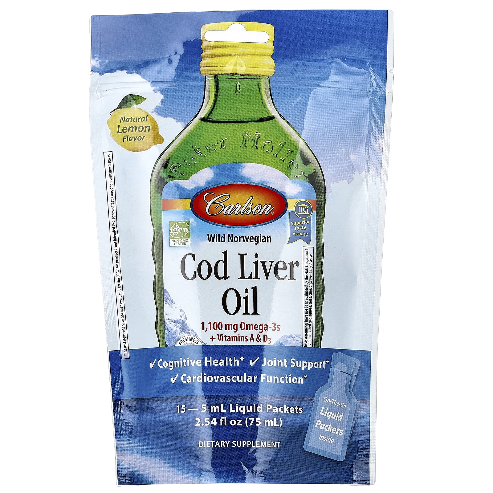 Carlson Wild Norwegian Cod Liver Oil, Natural Lemon, 15 Liquid Packets, 0.17 fl oz (5 ml) Each