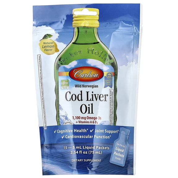 Carlson Wild Norwegian Cod Liver Oil, Natural Lemon, 15 Liquid Packets, 0.17 fl oz (5 ml) Each