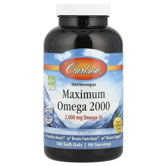 Carlson Wild Norwegian, Maximum Omega 2000, Natural Lemon, 180 Soft Gels (1,000 mg per Soft Gel)