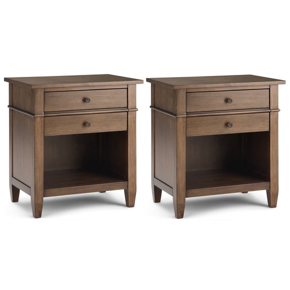 Simpli Home Carlton 24 inch Solid Wood Transitional Bedside Table in Rustic Natural Aged Brown (Set of 2)