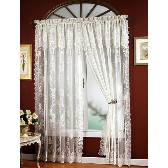 Carly White Floral Lace Curtain Panel with Attached Valance and Tassels, 56” x 84”