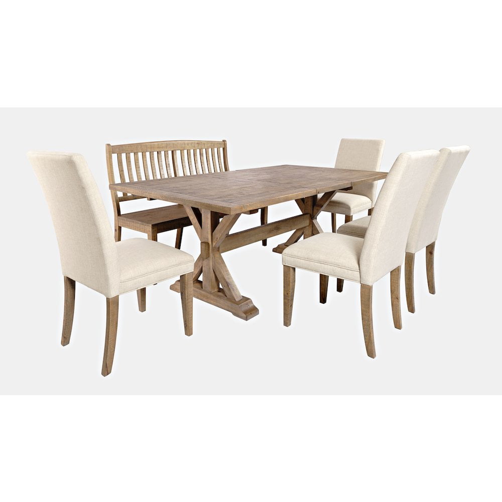 Rustic Solid Pine 78" Dining Set with Bench and Upholstered Chairs