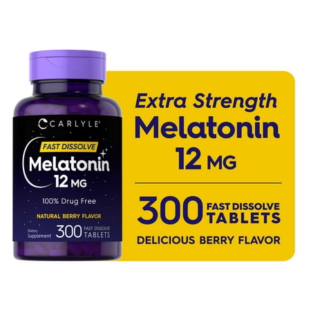 Melatonin 12 mg | 300 Tablets for Men and Women | Berry Flavor | by Carlyle