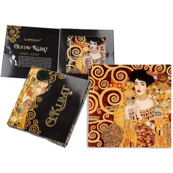 Carmani 6"x6" Decorative Glass Plate, Glassware from Art Collection, Gustav Klimt "Adela", Plate in a Gift Box