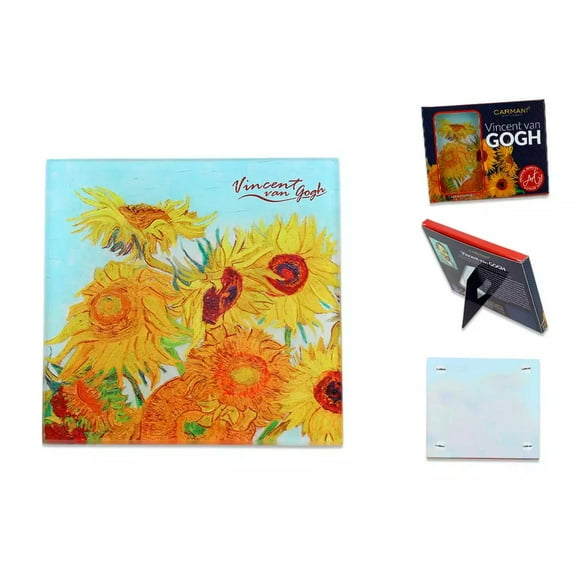 Carmani CR-195-0103 Mug Coaster, Art-inspired Coaster, Gift for art lovers, V. van Gogh "Sunflowers", Beverage coaster, Glass, 4.1" x 4.1"