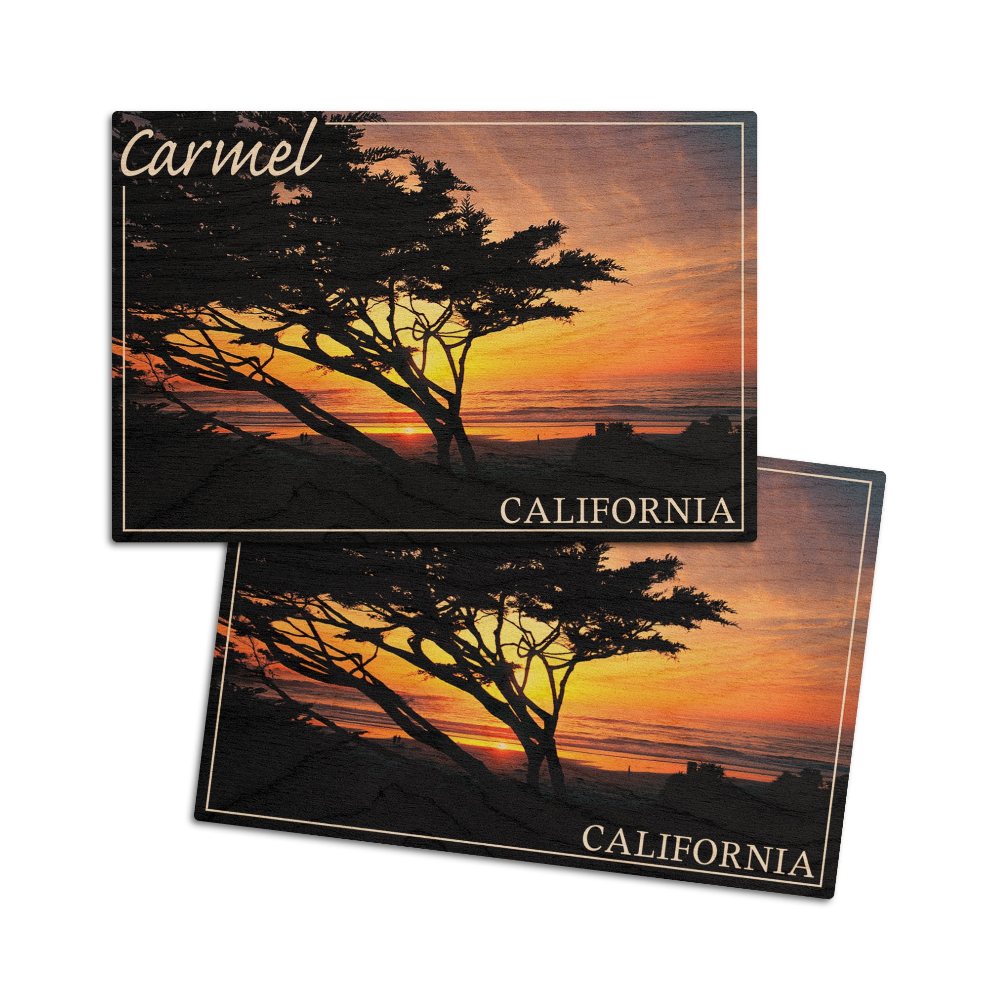 Carmel, California, Cypress Tree Silhouette, Photograph (4x6 Birch Wood