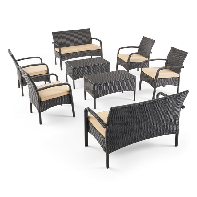 Carmela Outdoor 8 Seater Wicker Chat Set with Cushions, Brown and Tan
