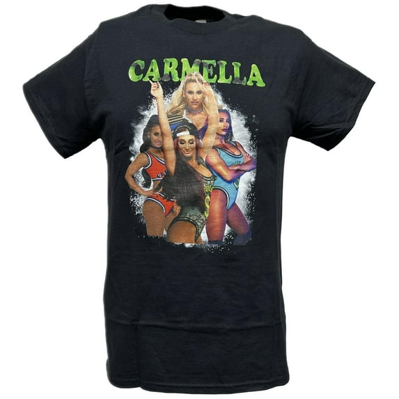 Carmella Womens WWE Superstar Green Name Four Pose Black T-shirt