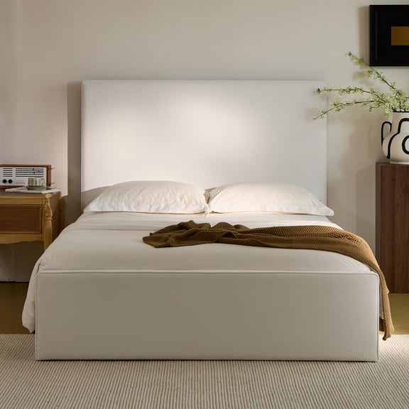 Carmen King Upholstered Wingback Bed, 52.3" Tall Headboard Platform Bed Frame, No Box Spring Needed, Coconut Micro Suede, Minimalist Simplicity Style for Bedroom