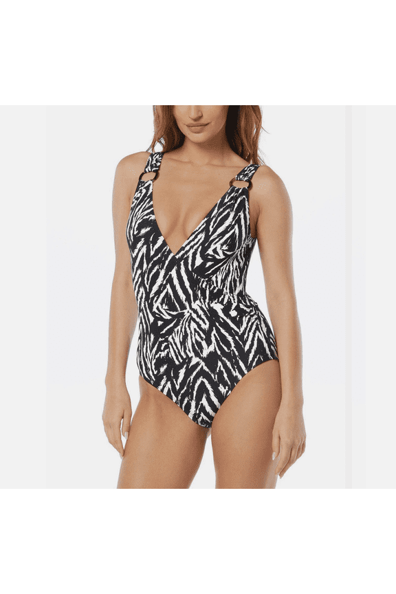 Womens Animal Print O Ring Tankini Top Black Size 10 NWT