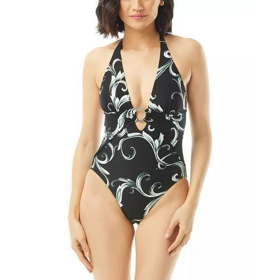 Carmen Marc Valvo Women's Black Printed Deep V-Neck O-Ring One-Piece Swimsuit