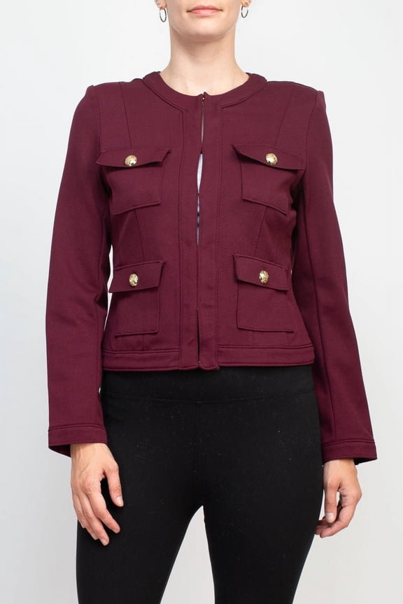 crew neck long sleeve hook closure scuba crepe jacket with pockets-AUBERGINE / S