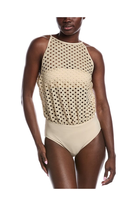 womens  High-Neck One-Piece, 12, Beige