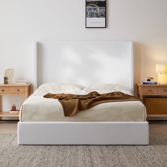 Carmen Upholstered Wingback Bed / Upholstered Platform Bed Frame / 52.3" High Headboard / Simplicity / Minimalist / No Box Spring Needed / Easy Assembly / King / Coconut Micro Suede / No Noise No8509