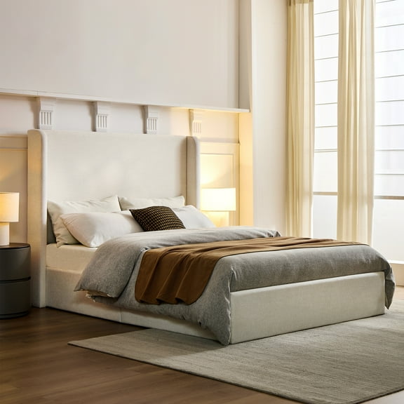 Carmen Upholstered Wingback Bed / Upholstered Platform Bed Frame / 52" High Headboard / Simplicity / Minimalist / No Box Spring Needed / California King / Textured Ivory Canvas / No Noise
