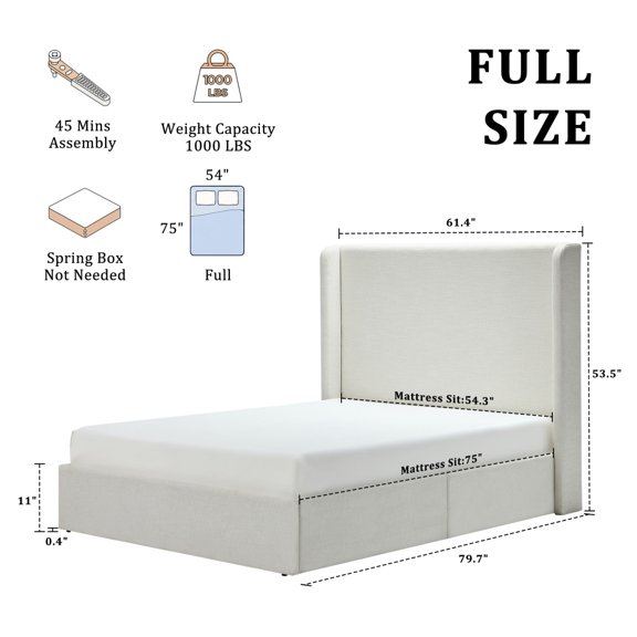 Carmen Upholstered Wingback Bed / Upholstered Platform Bed Frame / 52" High Headboard / Simplicity / Minimalist / No Box Spring Needed  /  California King / Textured Ivory Canvas / No Noise