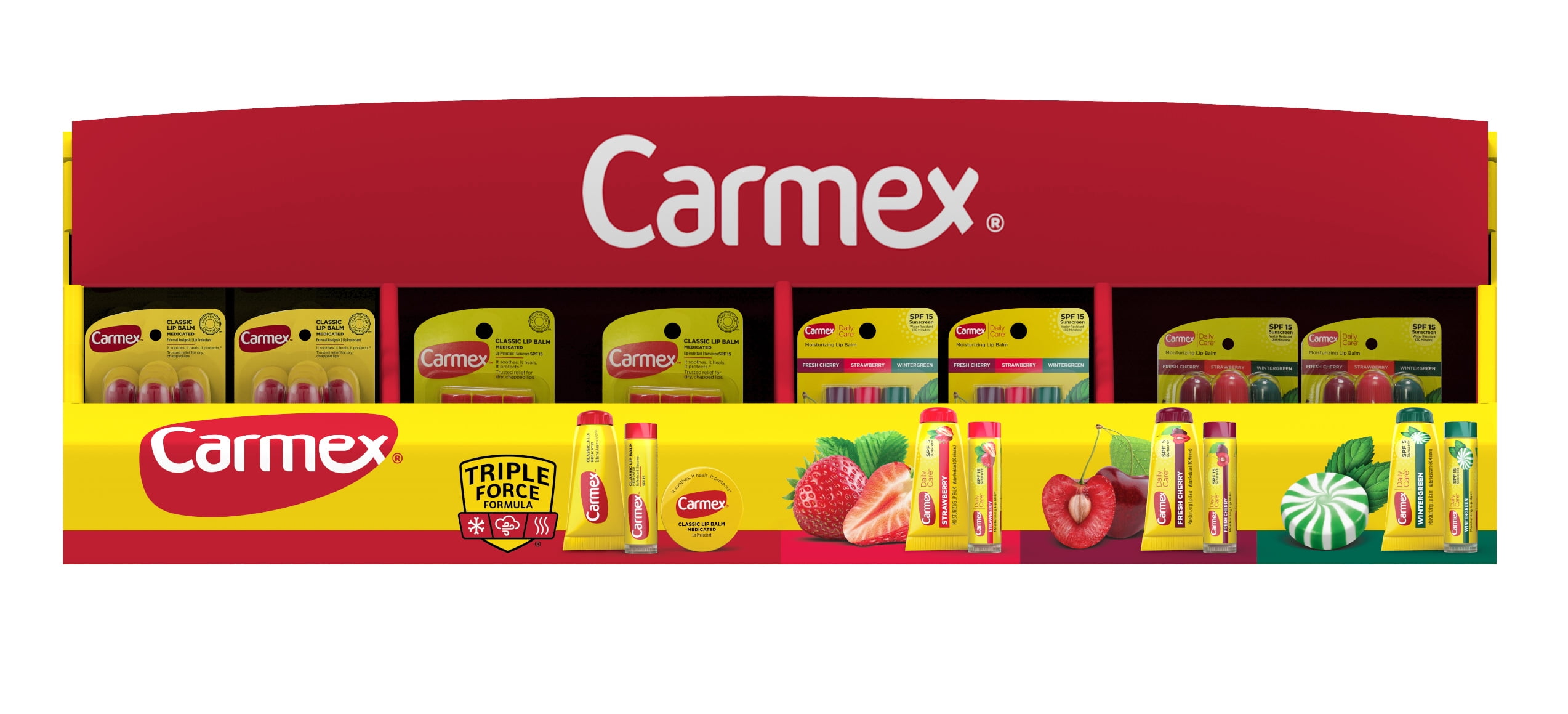 Carmex 104 count PDQ, End cap, Cough Cold, Assorted lip balm products
