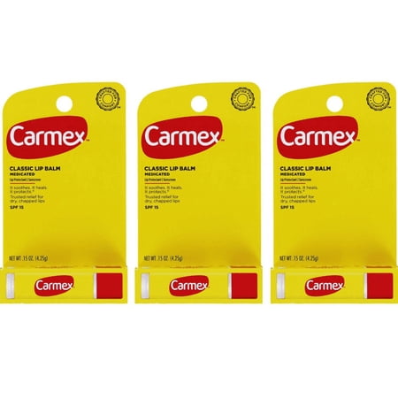 Carmex Classic Medicated Lip Balm Stick, Original, SPF 15, 0.15 oz (3 Pack)