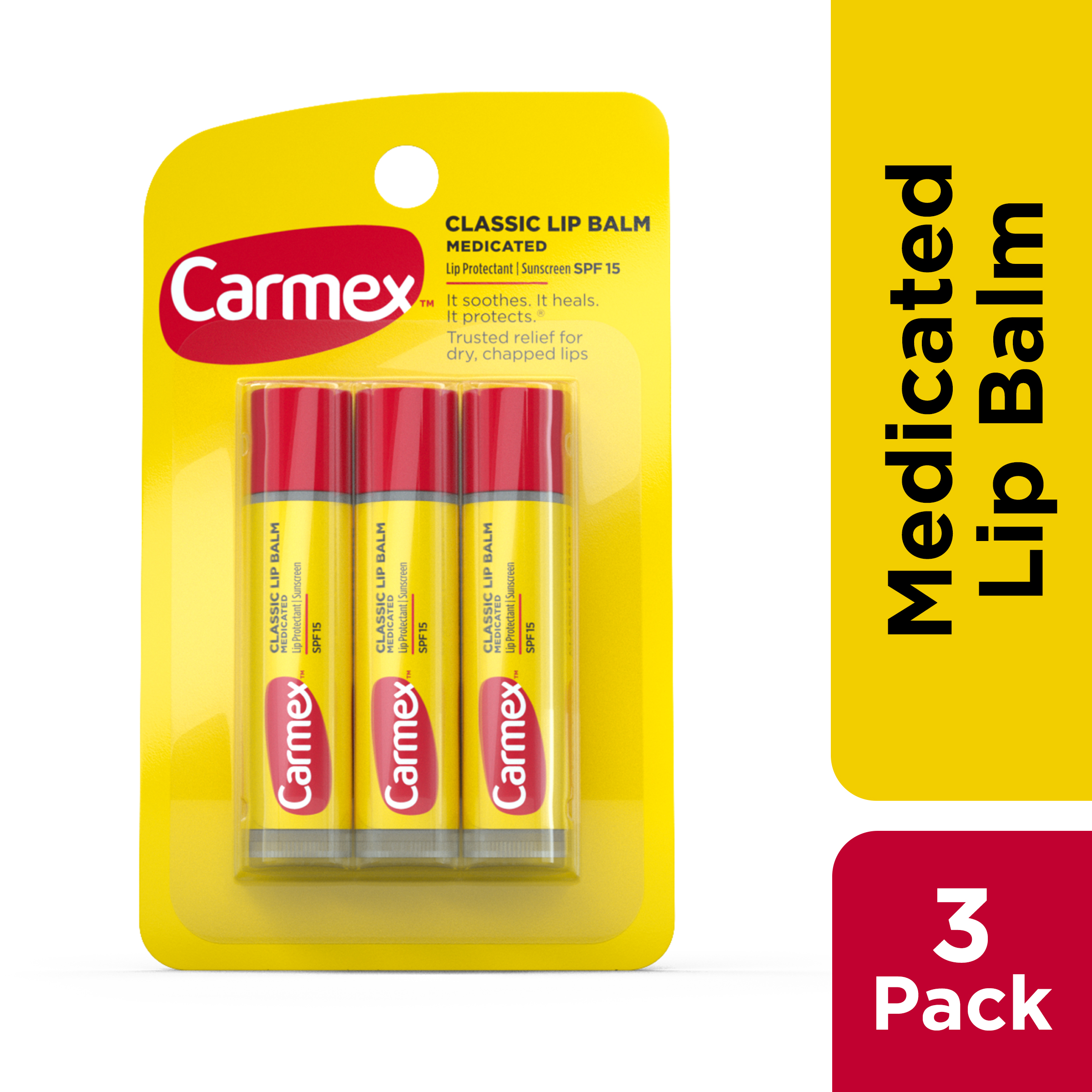 Carmex Classic Medicated Lip Balm Sticks, Lip Moisturizer, SPF 15, 3 Count (1 Pack of 3) - image 1 of 11