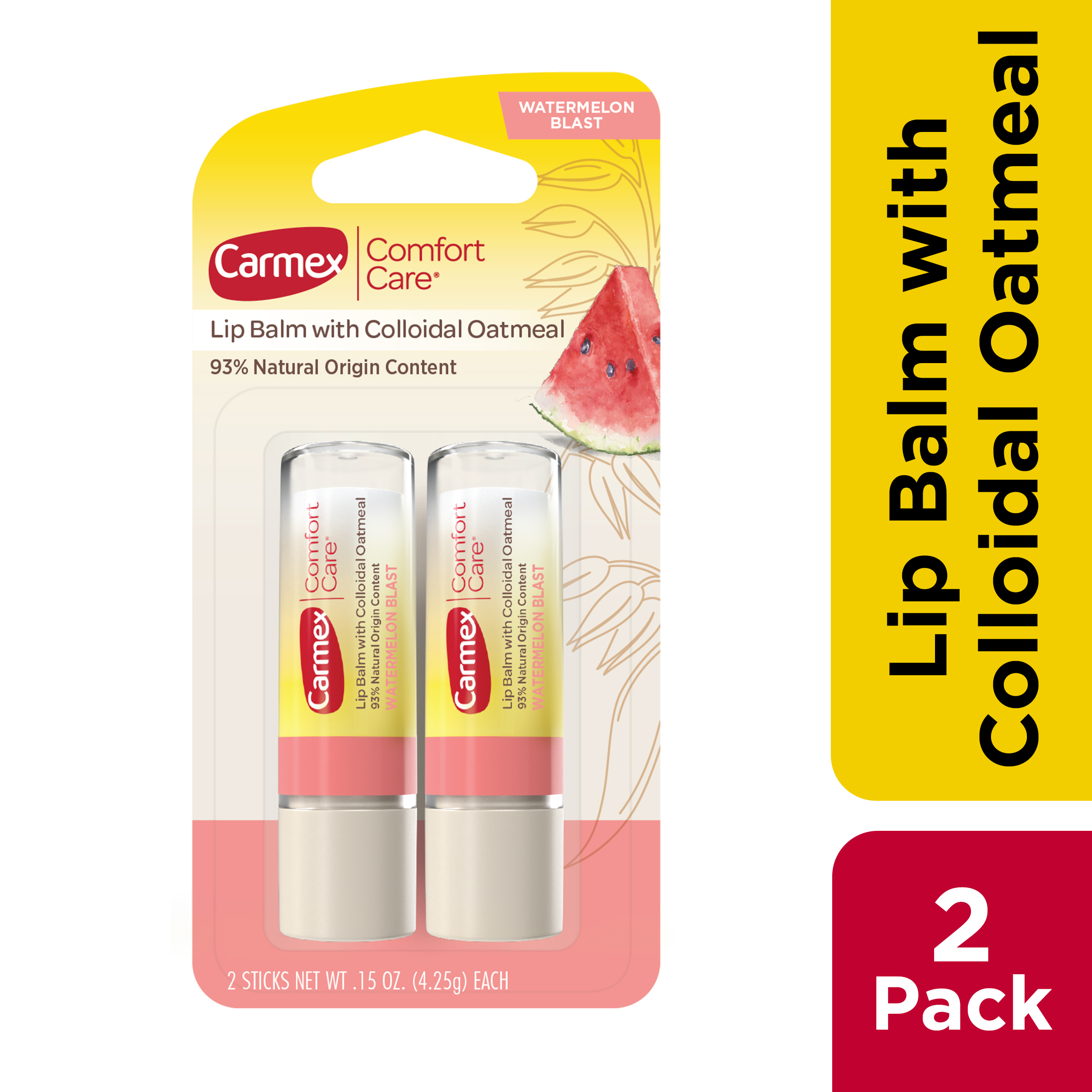 Carmex Comfort Care Lip Balm Sticks with Colloidal Oatmeal, Watermelon, 2 Count (1 Pack of 2) - image 1 of 11