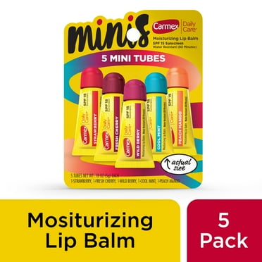 Carmex Daily Care Minis Moisturizing Lip Balm Tubes with SPF 15, Strawberry, Cool Mint, Wild Berry, Peach Mango and Fresh Cherry Lip Balm Pack - 0.18 0z Each, 5 Count