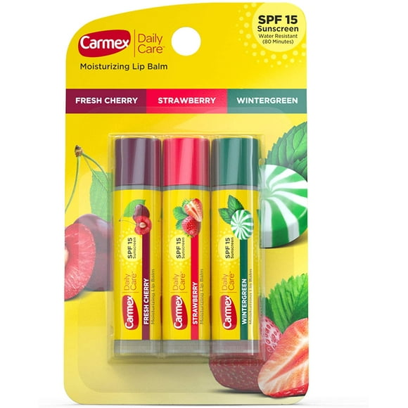 Carmex Daily Care Moisturizing Cream Lip Balm, SPF 15, Multi-Flavor, 3 Pack