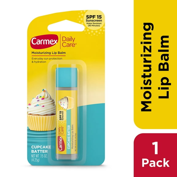Carmex Daily Care Moisturizing Lip Balm Stick, SPF 15, Cupcake Batter Flavor, 1 Count