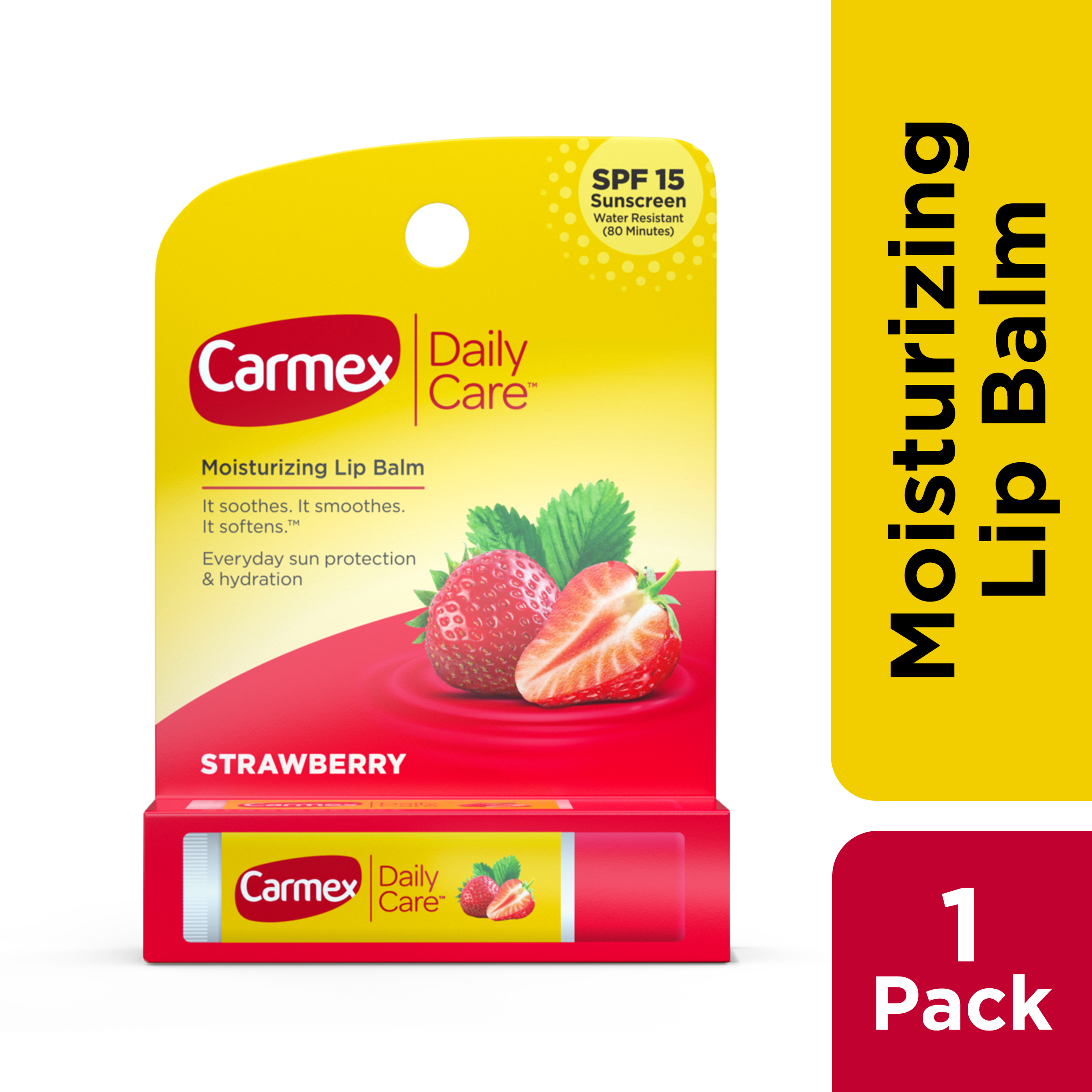 Carmex Daily Care Moisturizing Lip Balm Stick, SPF 15, Strawberry Lip Balm Flavor, 1 Count - image 1 of 9