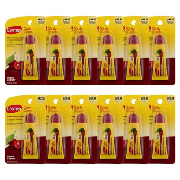 Carmex Daily Care Moisturizing Lip Balm Tube. Softens and Soothes. Water Resistant. Fresh Cherry. 0.35 oz. Pack of 12