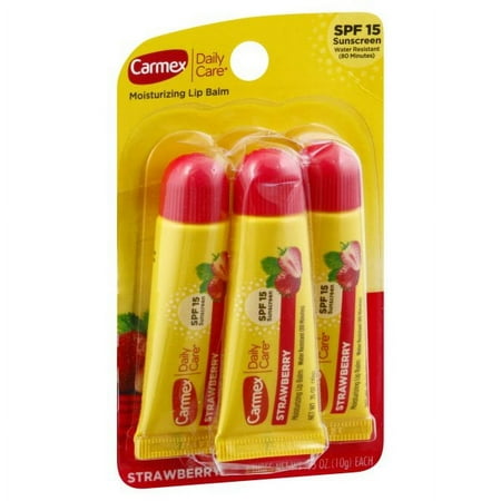 Carmex Daily Care Moisturizing Lip Balm with SPF 15, Strawberry Lip Balm Tubes, 0.35 OZ Each - 3 Count