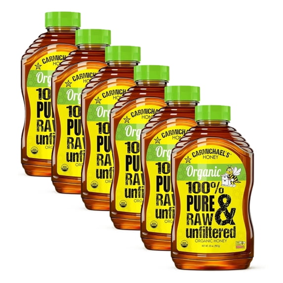 Carmichael's Honey Organic Raw & Unfiltered Honey, 6 Pack, 32 oz Bottles – 100% Pure USDA Organic Honey