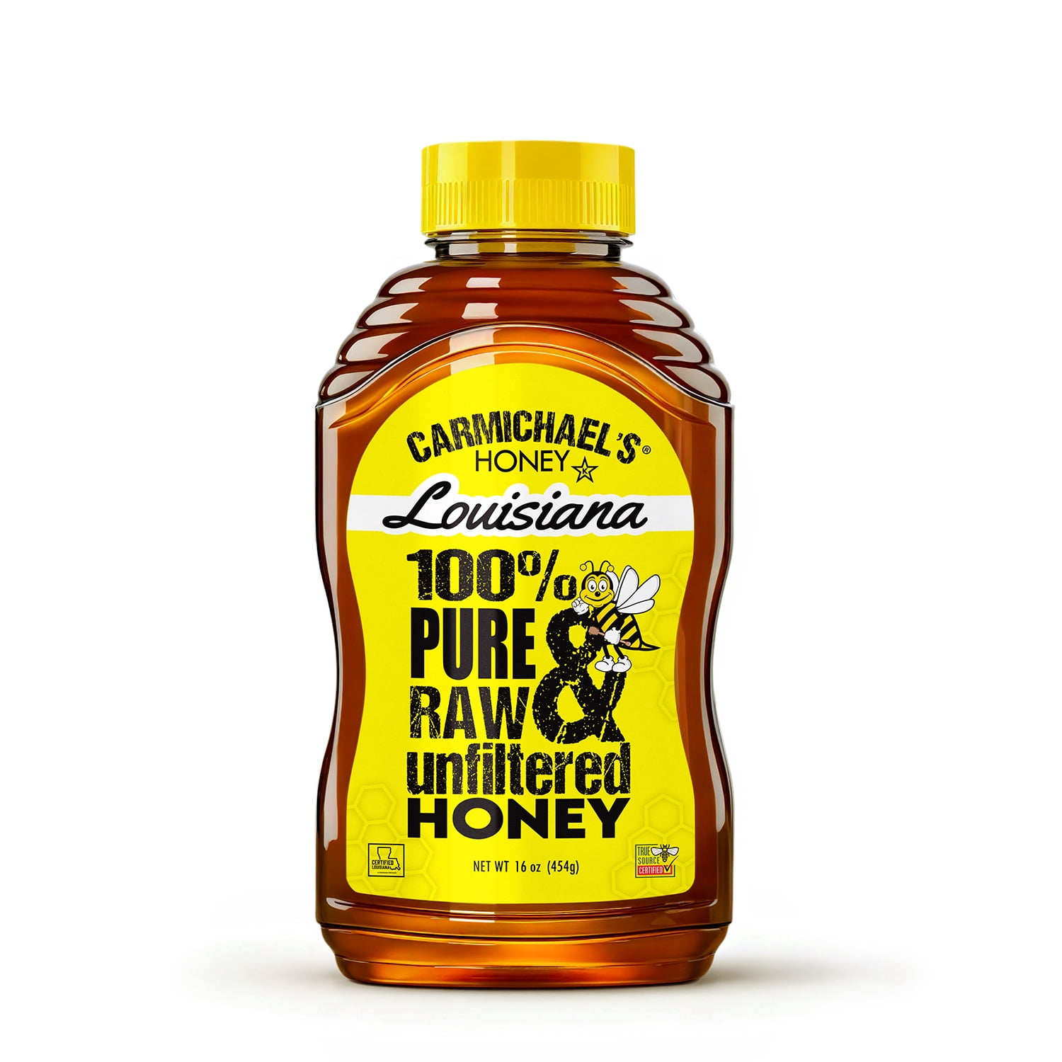 Carmichael's Honey 100% Pure Raw & Unfiltered Louisiana Honey, 16 oz Plastic Squeeze Bottle - Everyday Honey for Drizzling, Sweetening, and Spreading