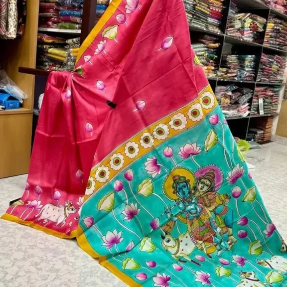 Carmine Red Pure Silk Hand Painted Kalamkari Pure Saree