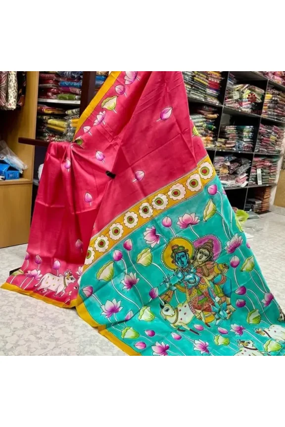 Carmine Red Pure Silk Hand Painted Kalamkari Pure Saree