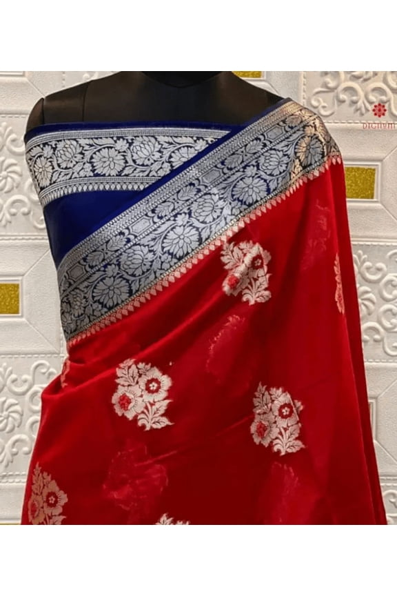 Carmine red Khaddi Georette Handloom Banarasi Saree