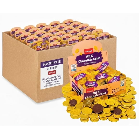 Carmit Milk Chocolate Coins, Gold Foil Wrapped, Kosher Dairy, Hanukkah Gelt, Bulk Master Case, 24 Boxes, 576 Bags Total