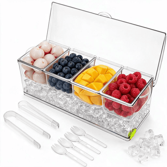 Carmujin 4 Compartments Chilled Condiment Tray with Lid, Bar Garnish Server with 2 Tongs & 6 Forks for Taco Mimosa Salad Bar