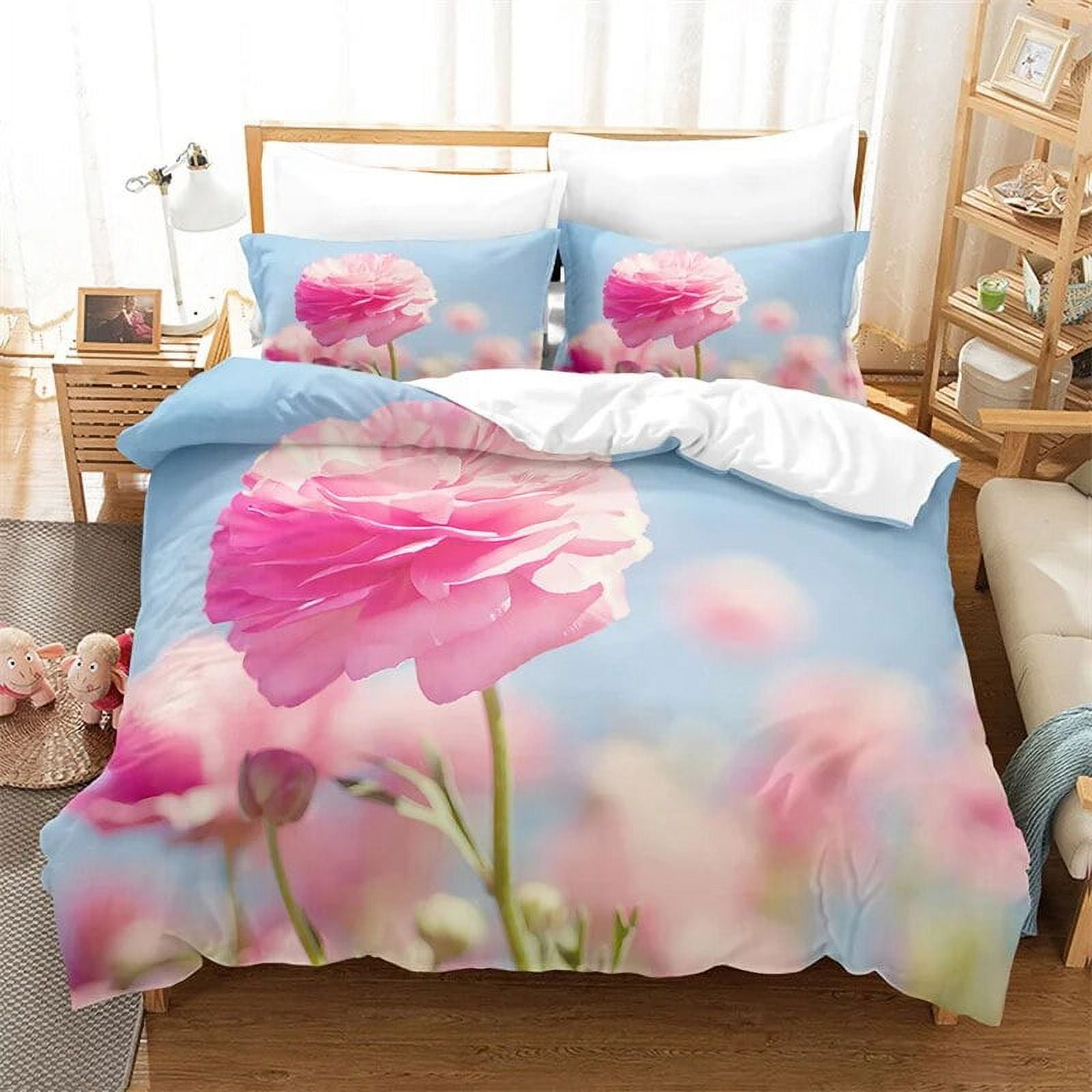 Carnation Bedding Set 3pcs 2pcs Duvet Cover Set King Size Pink Flower