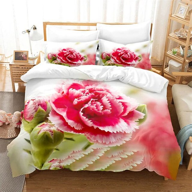 Carnation Bedding Set 3pcs 2pcs Duvet Cover Set King Size Pink Flower