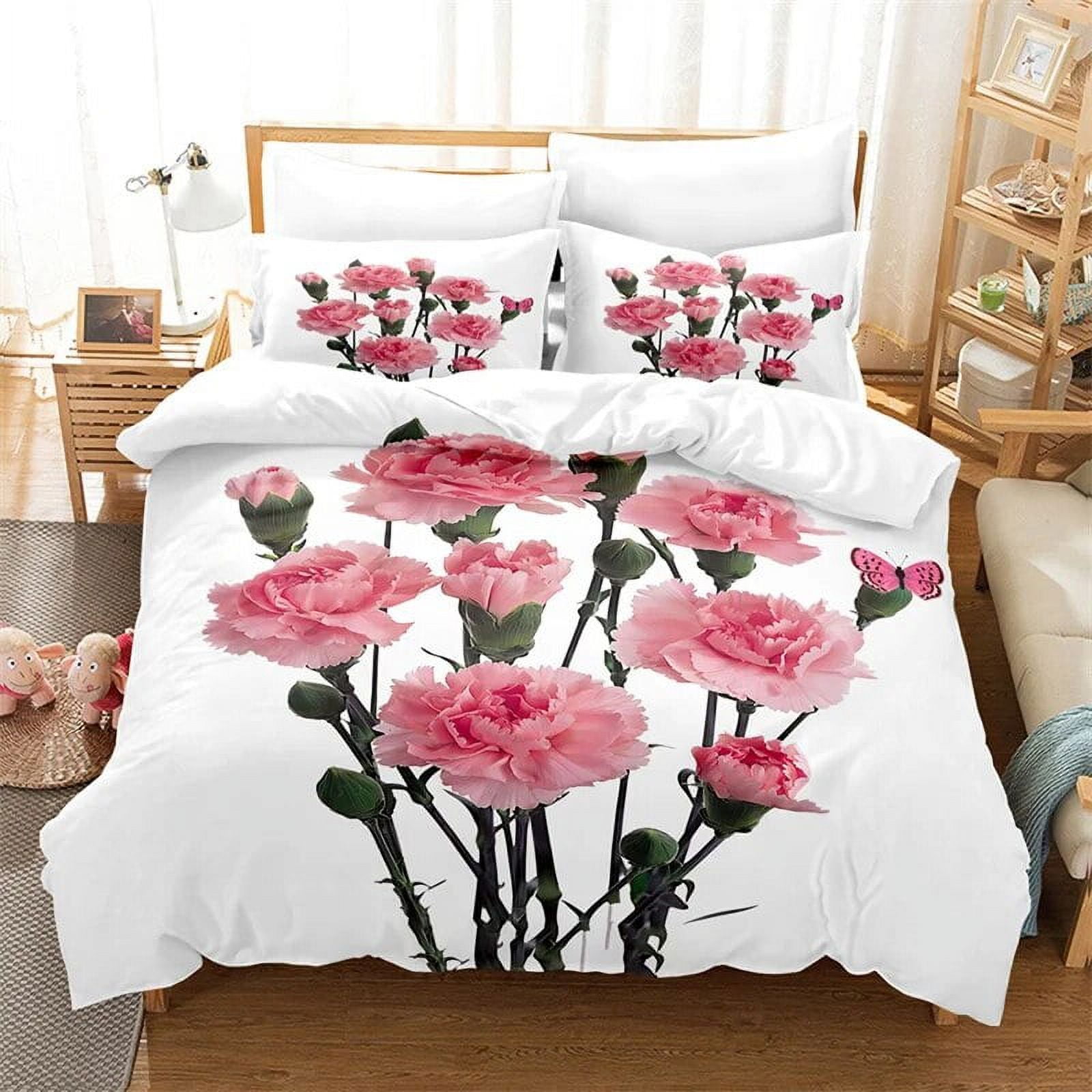 Carnation Bedding Set 3pcs 2pcs Duvet Cover Set King Size Pink Flower