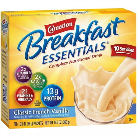 Carnation Breakfast Essentials Complete Nutritional Drink, French Vanilla, 36 gram Individual Packet, 60 Count