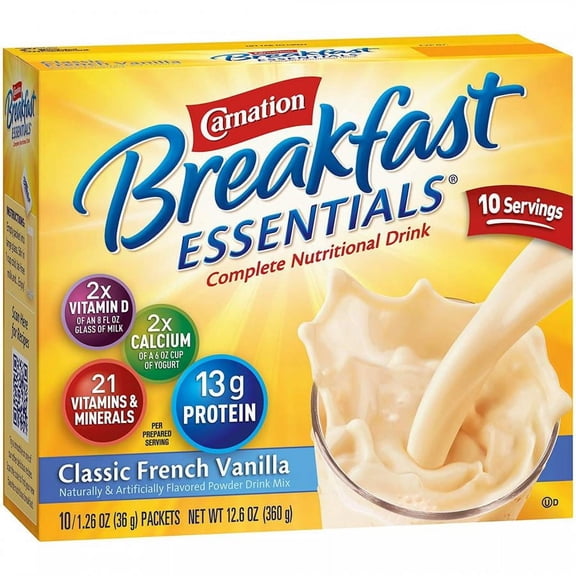Carnation Breakfast Essentials Complete Nutritional Drink, French Vanilla, 36 gram Individual Packet, 60 Count