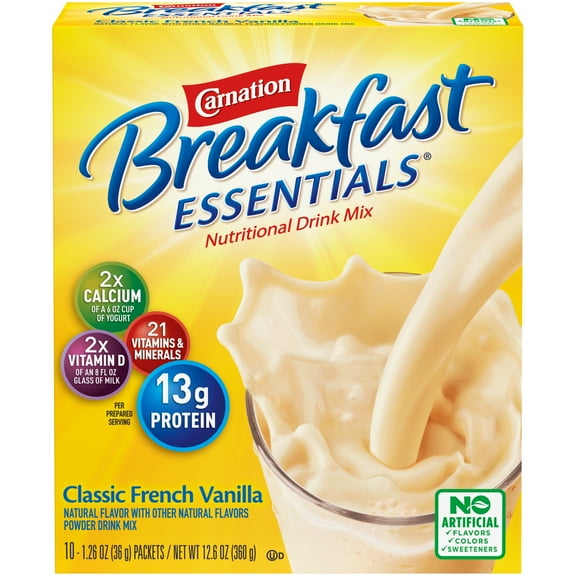 Carnation Breakfast Essentials French Vanilla Flavor 36 Gram Container Individual Packet Powder, 11004659 - BOX OF 10