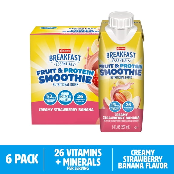 Carnation Breakfast Essentials Fruit and Protein Smoothie, Creamy Strawberry Banana, 8 fl oz, 6 Pack