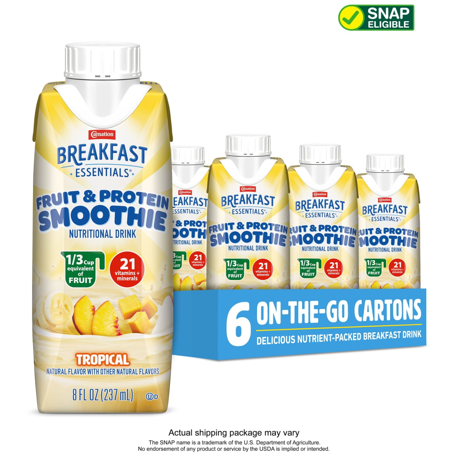 Carnation Breakfast Essentials Fruit & Protein Smoothie Nutritional Drink Shakes, Tropical, 8 fl oz, 6 Pack