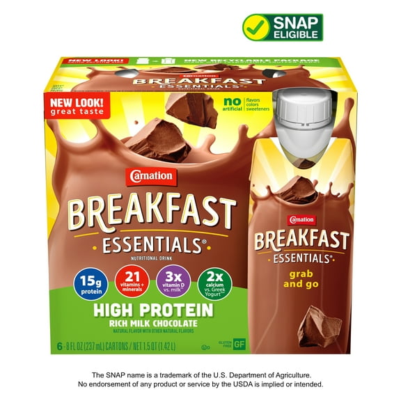 Carnation Breakfast Essentials High Protein Nutritional Drink, Rich Milk Chocolate, 15 g Protein, 6 - 8 fl oz Cartons