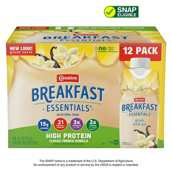 Carnation Breakfast Essentials High Protein Nutritional Drink Shakes, Classic French Vanilla Breakfast Shakes, 8 fl oz, 12 Pack