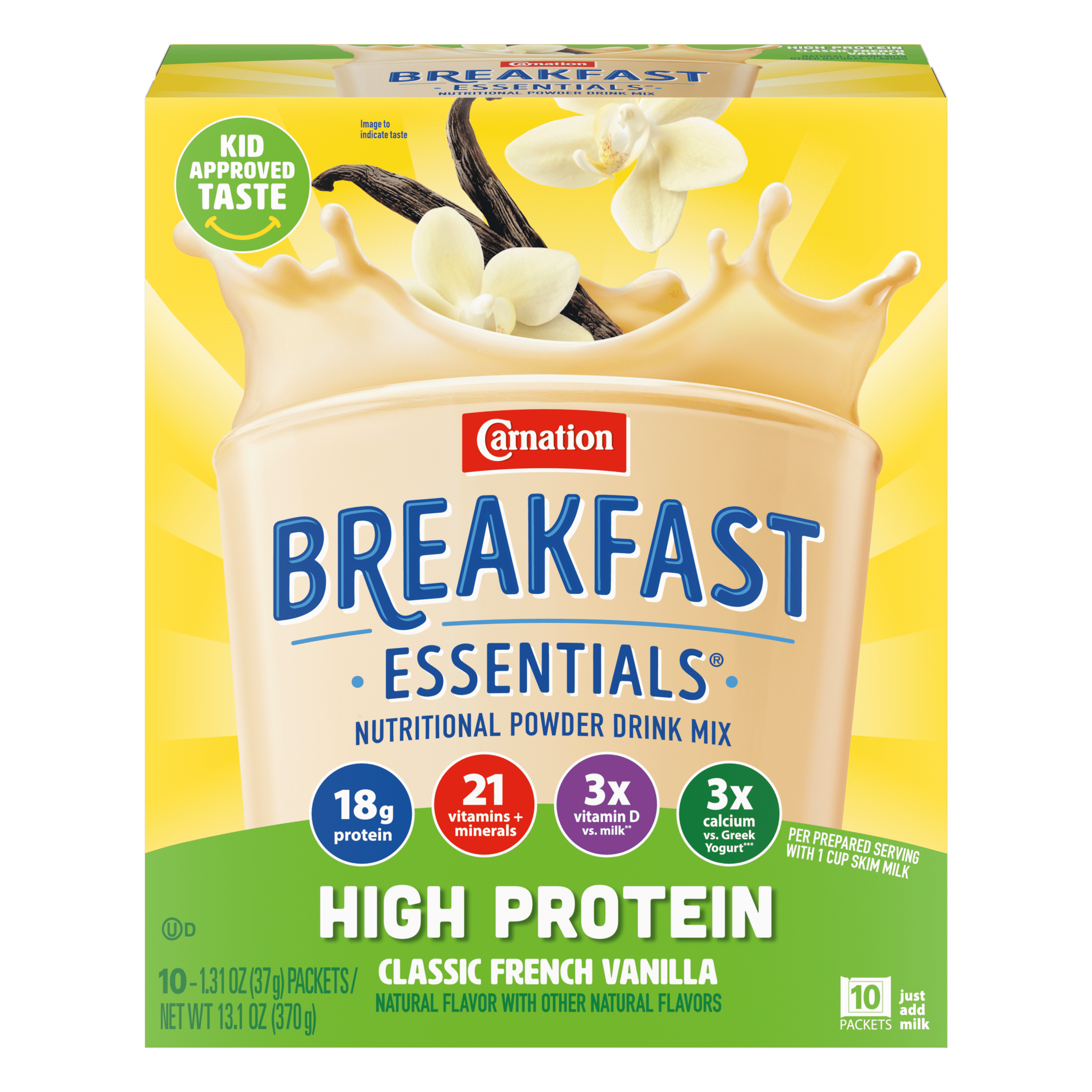 Carnation Breakfast Essentials High Protein Nutritional Powder Drink Mix, Classic French Vanilla, 18 g Protein, 10 - 37 g Packets